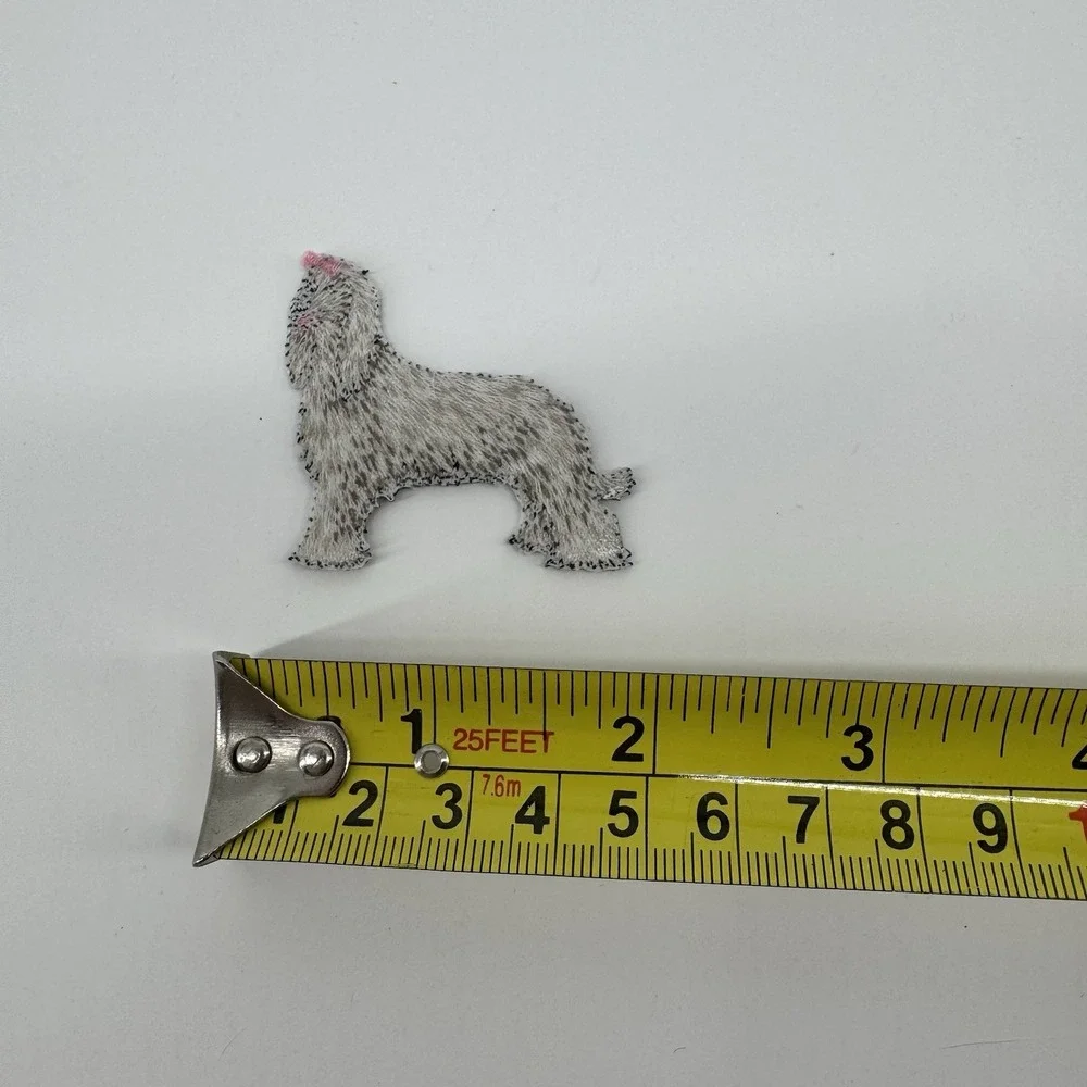 Vintage Embroidered Lhasa Apso Dog Patch Sew On Applique Cute Pink Bow Puppy